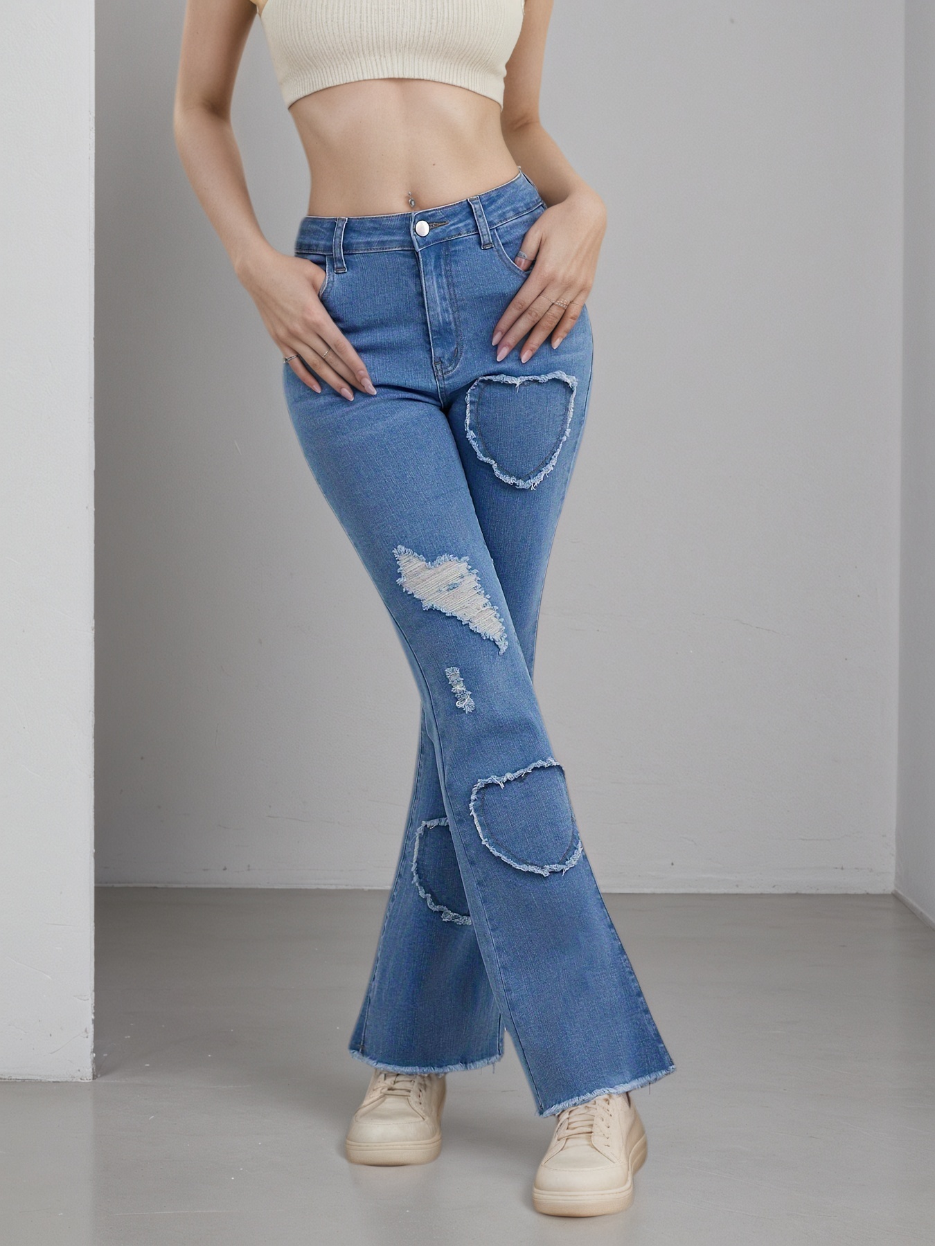 2025 New Women'S High-Stretch Flare Jeans With Heart Embroidery Patchwork - Image 4