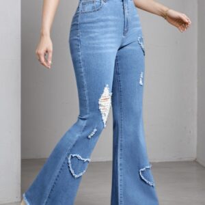 2025 New Women'S High-Stretch Flare Jeans With Heart Embroidery Patchwork